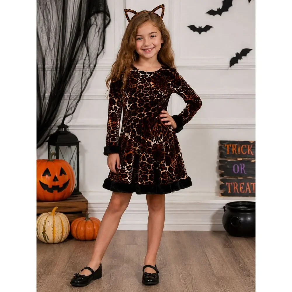 Girls Leopard Cat Halloween Costume Size 4-6T Faux Fur Trim Dress Ears Headband